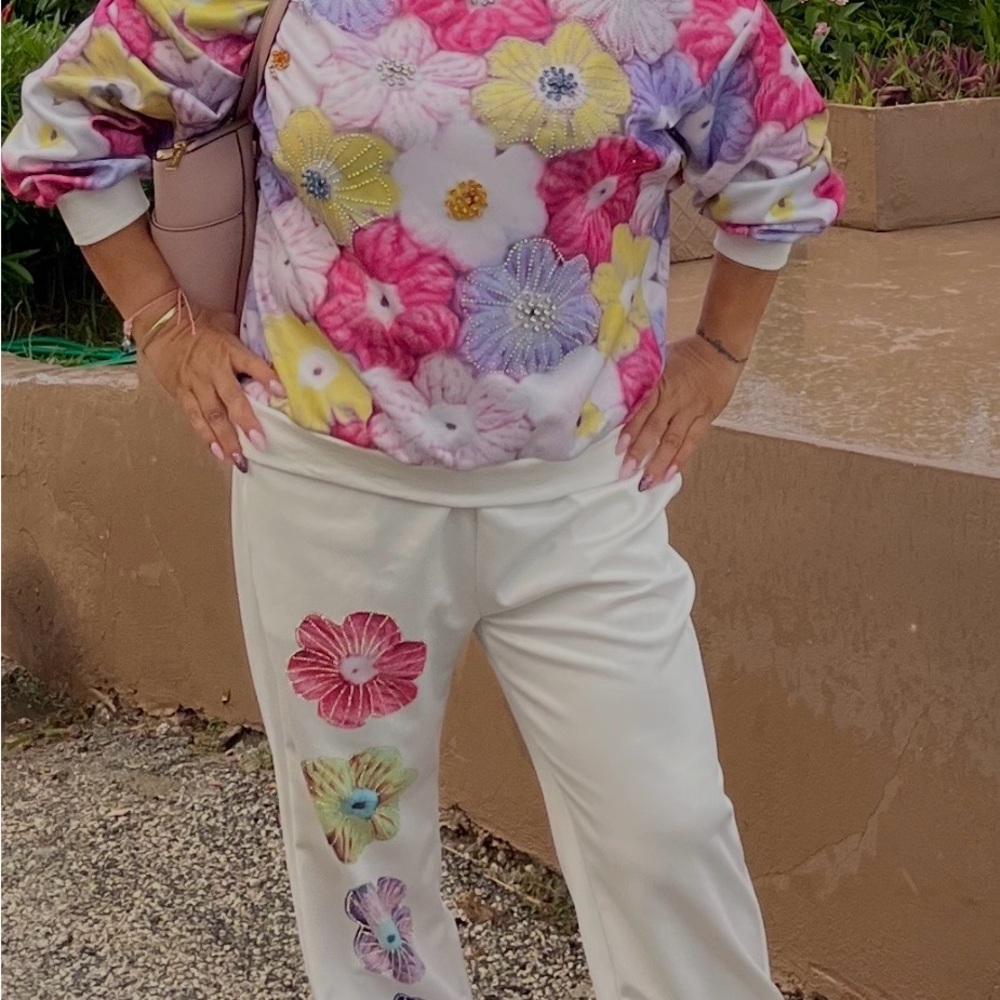Floral Embellished Cream Pants